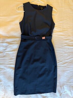 Theory Navy Sleeveless Belted Sheath Dress